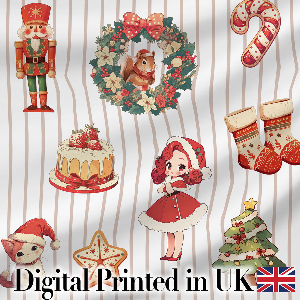 Nutcracker Wreath Cake Girl Christmas Tree on Beige Stripe Background Seamless Digital Print Fabric by the Metre UK Sewing Quilting Textile