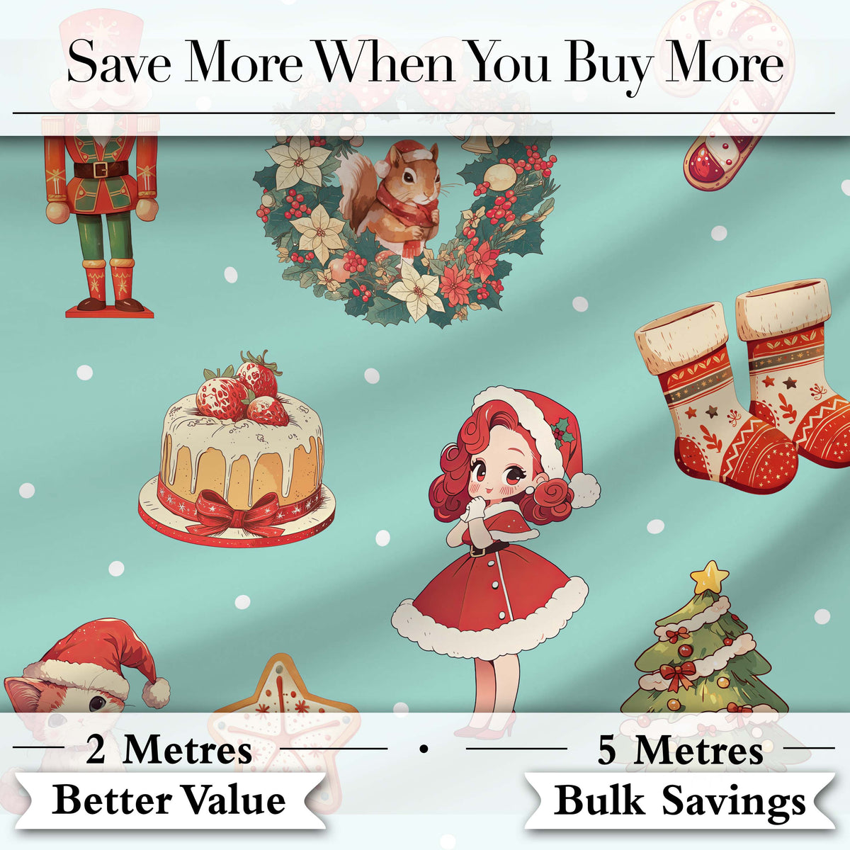 Nutcracker Wreath Cake Girl on Mint Background with Snow Dots Seamless Digital Print Fabric by the Metre UK Sewing Quilting Textile