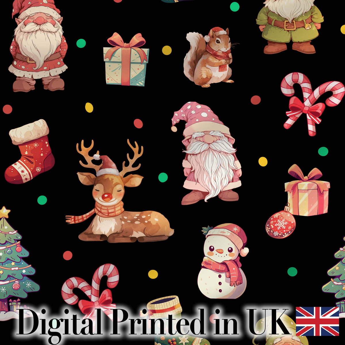 Christmas Gnome Reindeer Snowman Gift Candy Cane on Black Background Seamless Digital Print Fabric by the Metre UK Sewing Quilting Textile