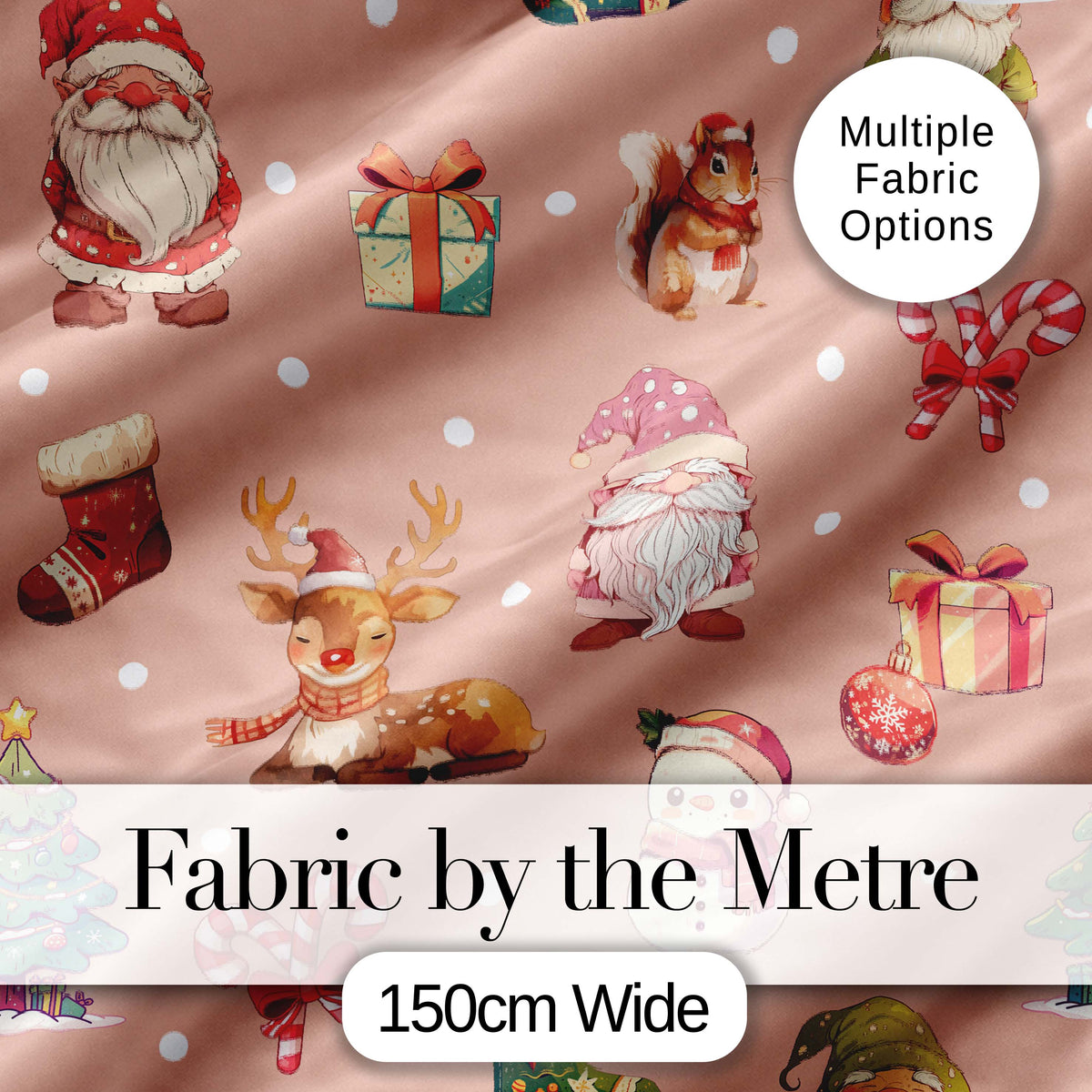 Christmas Gnome Reindeer Snowman Gift on Peach Snow Dot Background Seamless Digital Print Fabric by the Metre UK Sewing Quilting Textile