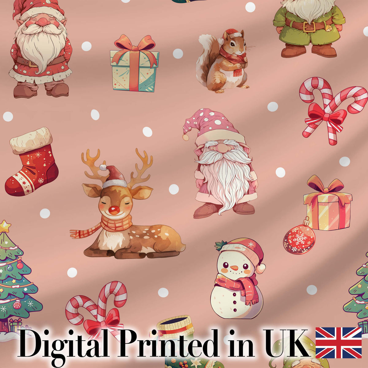 Christmas Gnome Reindeer Snowman Gift on Peach Snow Dot Background Seamless Digital Print Fabric by the Metre UK Sewing Quilting Textile