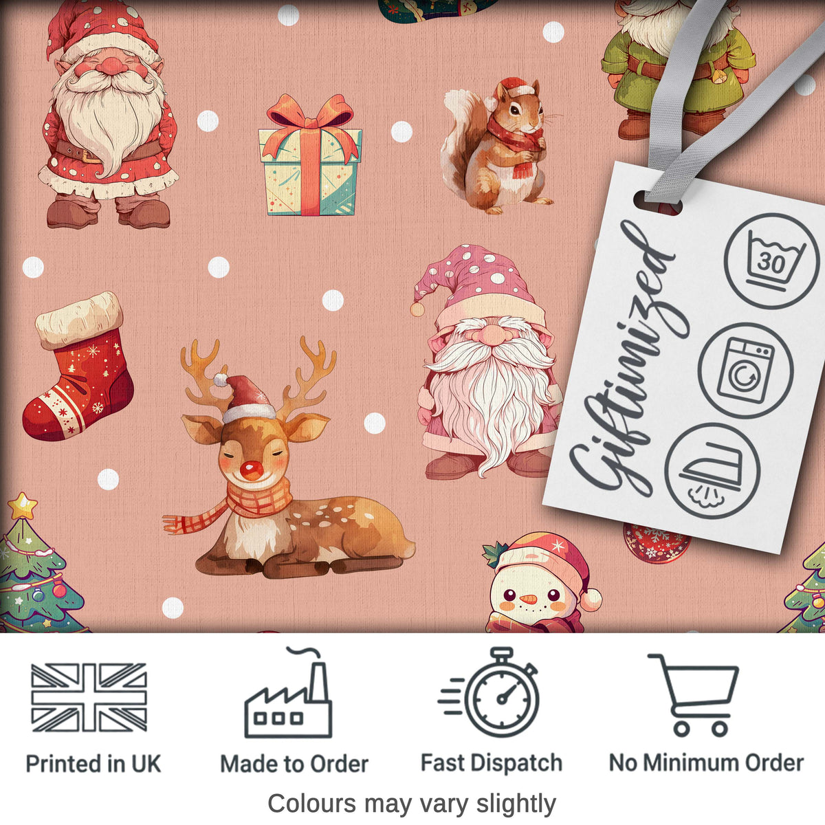 Christmas Gnome Reindeer Snowman Gift on Peach Snow Dot Background Seamless Digital Print Fabric by the Metre UK Sewing Quilting Textile