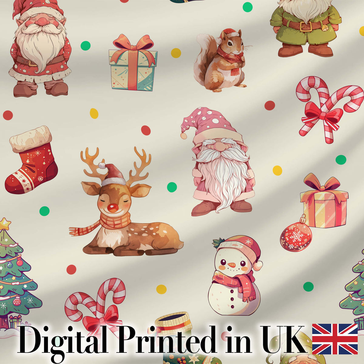 Christmas Gnome Reindeer Snowman Gift on Cream Polka Dot Background Seamless Digital Print Fabric by the Metre UK Sewing Quilting Textile