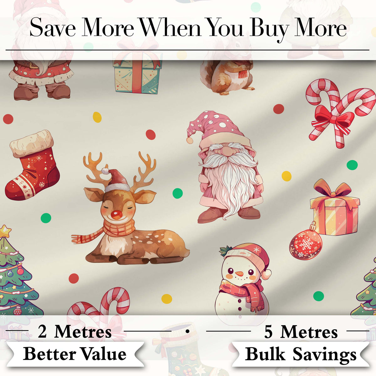 Christmas Gnome Reindeer Snowman Gift on Cream Polka Dot Background Seamless Digital Print Fabric by the Metre UK Sewing Quilting Textile
