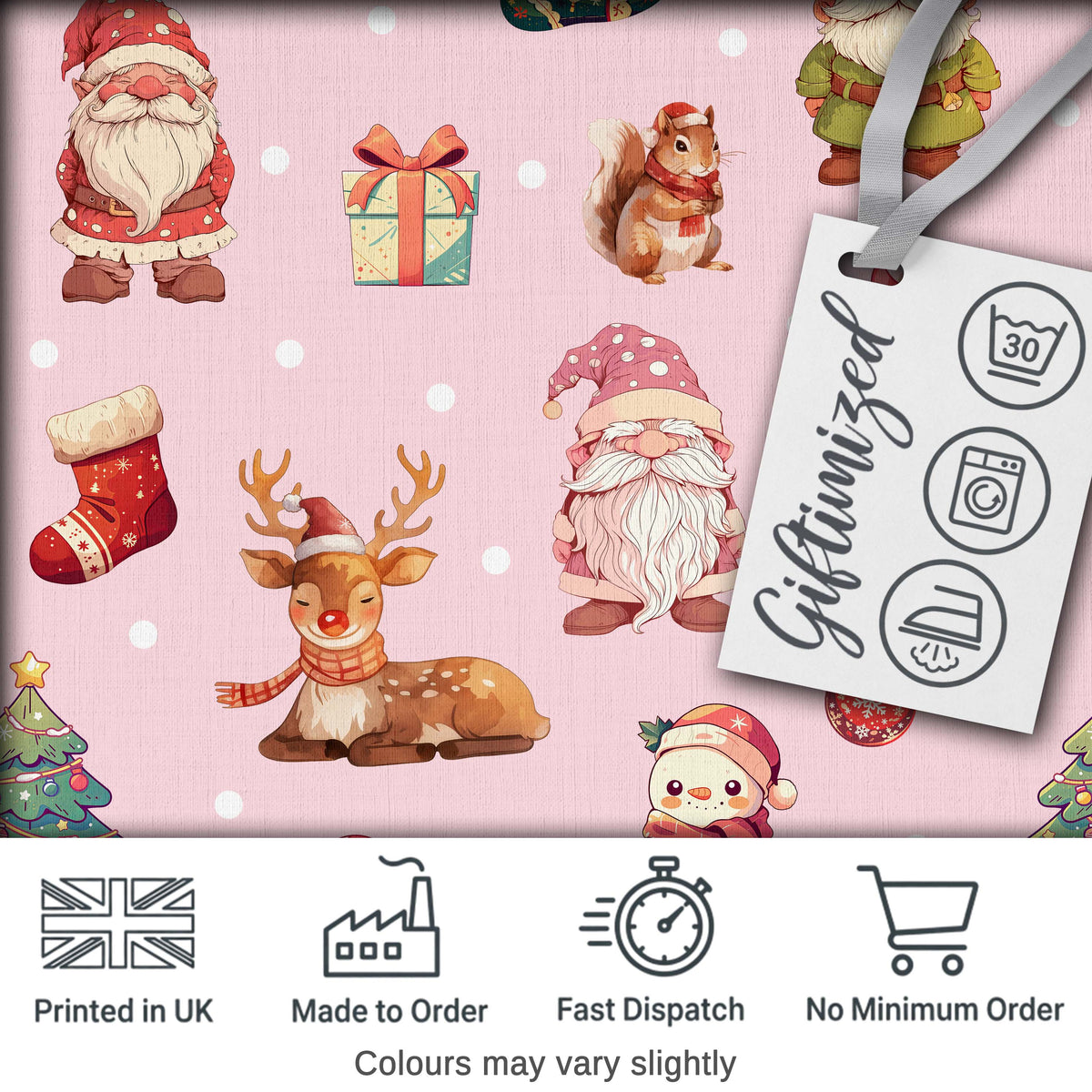 Christmas Gnome Reindeer Snowman Gift on Pink Snow Dot Background Seamless Digital Print Fabric by the Metre UK Sewing Quilting Textile