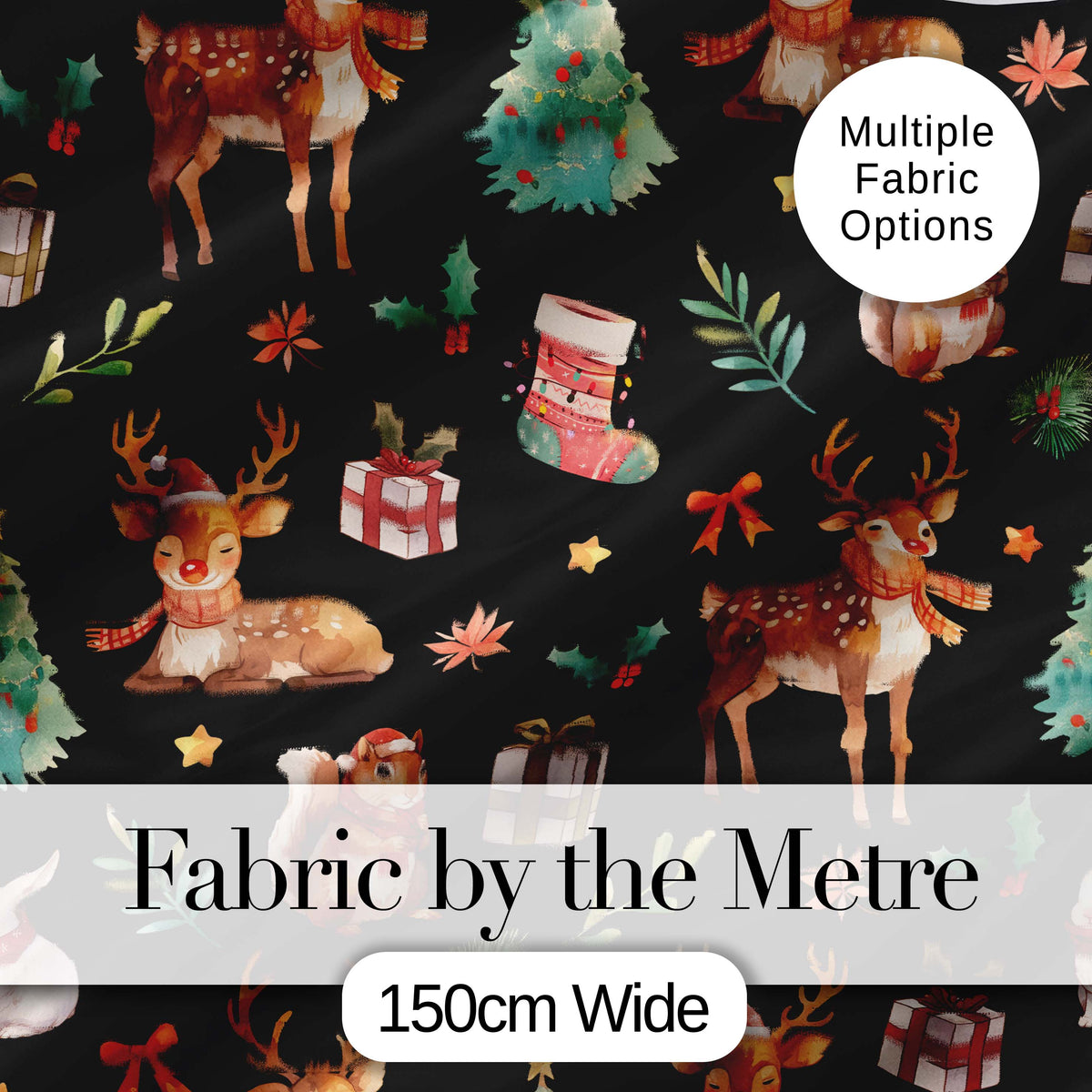 Christmas Reindeer Squirrel Gift Festive Elements on Black Background Seamless Digital Print Fabric by the Metre UK Sewing Quilting Textile