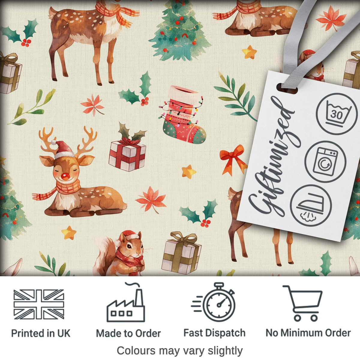 Christmas Reindeer Squirrel Gift Festive Elements on Cream Background Seamless Digital Print Fabric by the Metre UK Sewing Quilting Textile