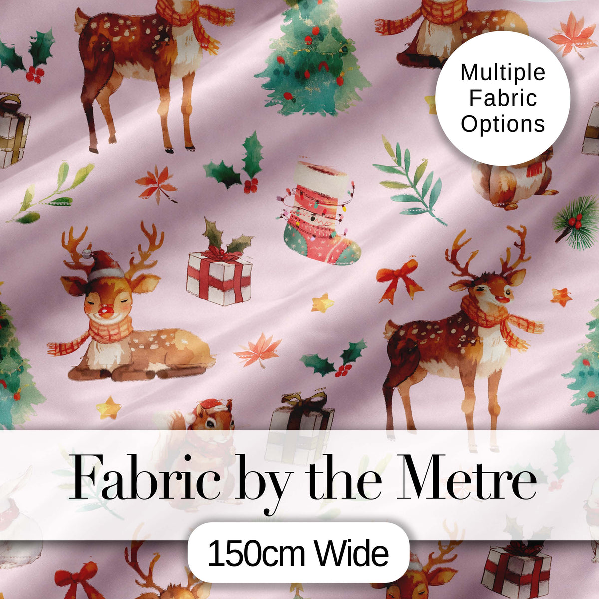 Christmas Reindeer Squirrel Gift Festive Elements on Pink Background Seamless Digital Print Fabric by the Metre UK Sewing Quilting Textile