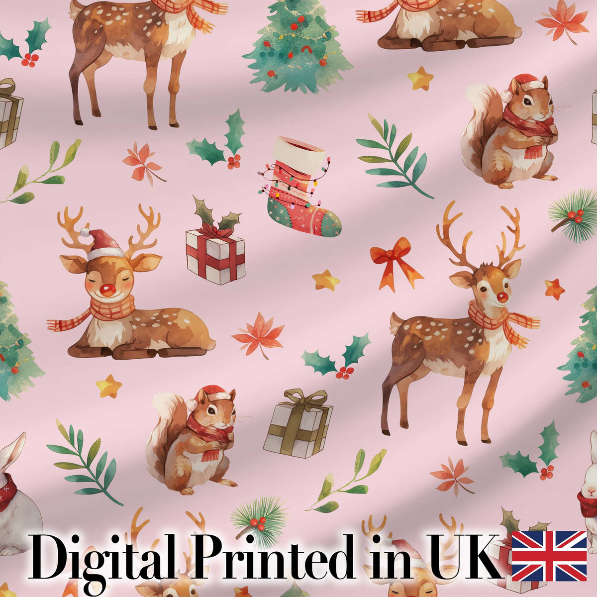 Christmas Reindeer Squirrel Gift Festive Elements on Pink Background Seamless Digital Print Fabric by the Metre UK Sewing Quilting Textile