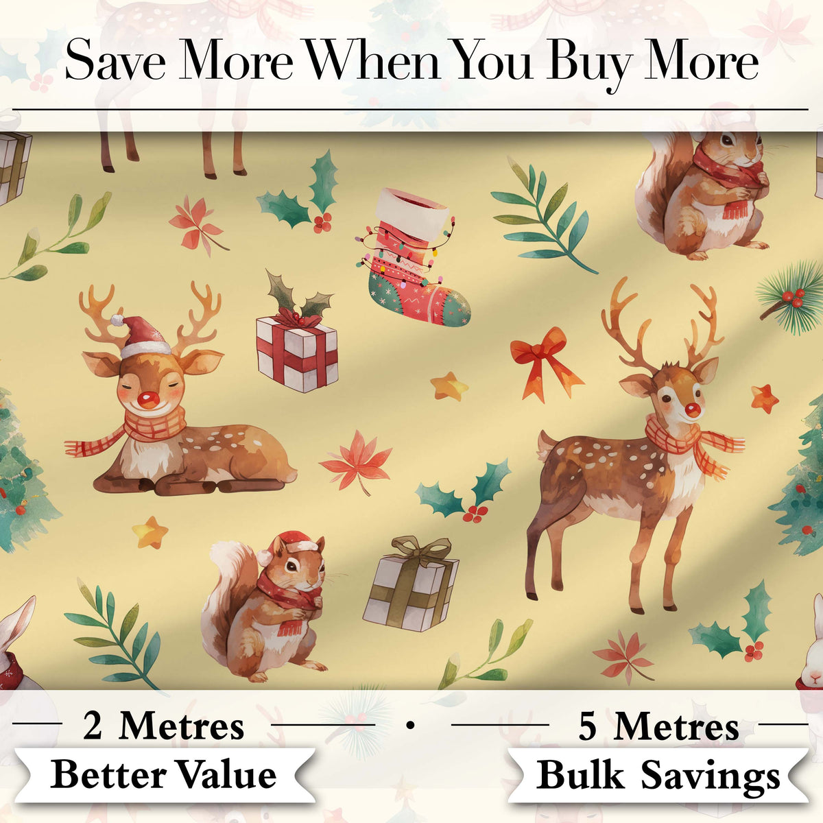 Christmas Reindeer Squirrel Gift Festive Element on Yellow Background Seamless Digital Print Fabric by the Metre UK Sewing Quilting Textile