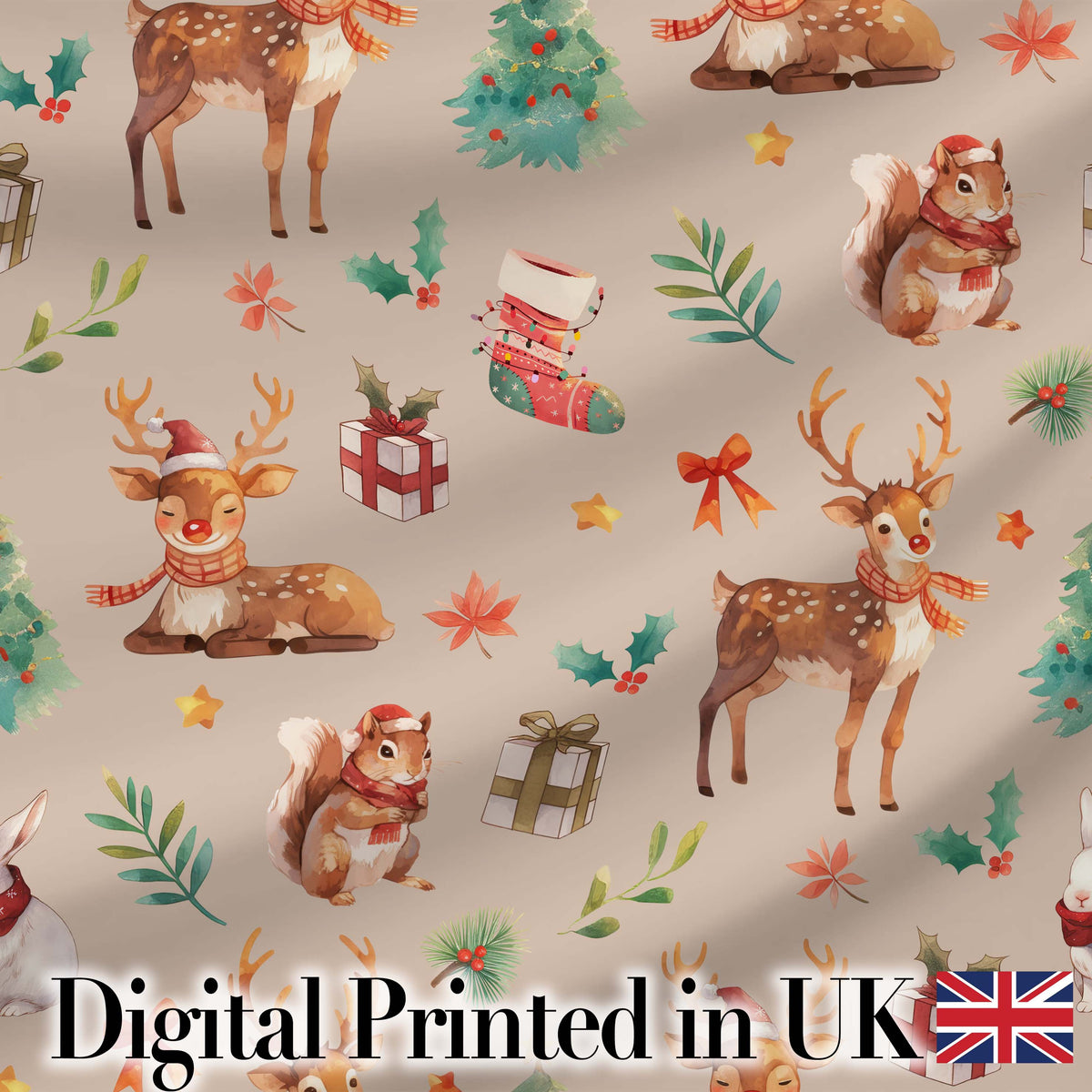 Christmas Reindeer Squirrel Gift Festive Elements on Beige Background Seamless Digital Print Fabric by the Metre UK Sewing Quilting Textile