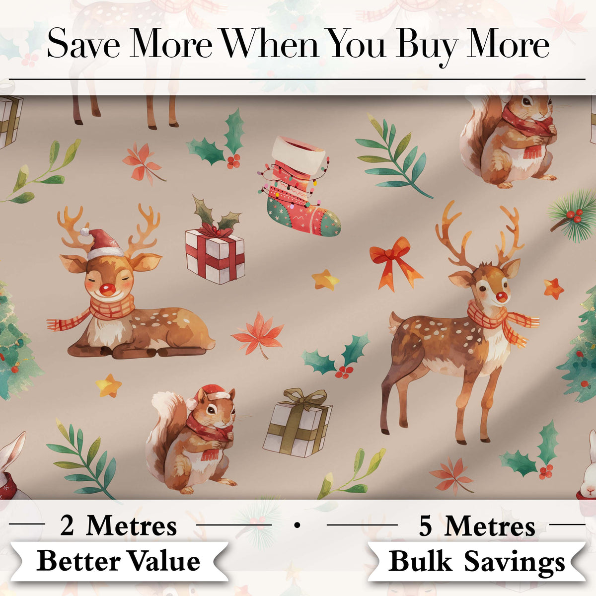 Christmas Reindeer Squirrel Gift Festive Elements on Beige Background Seamless Digital Print Fabric by the Metre UK Sewing Quilting Textile