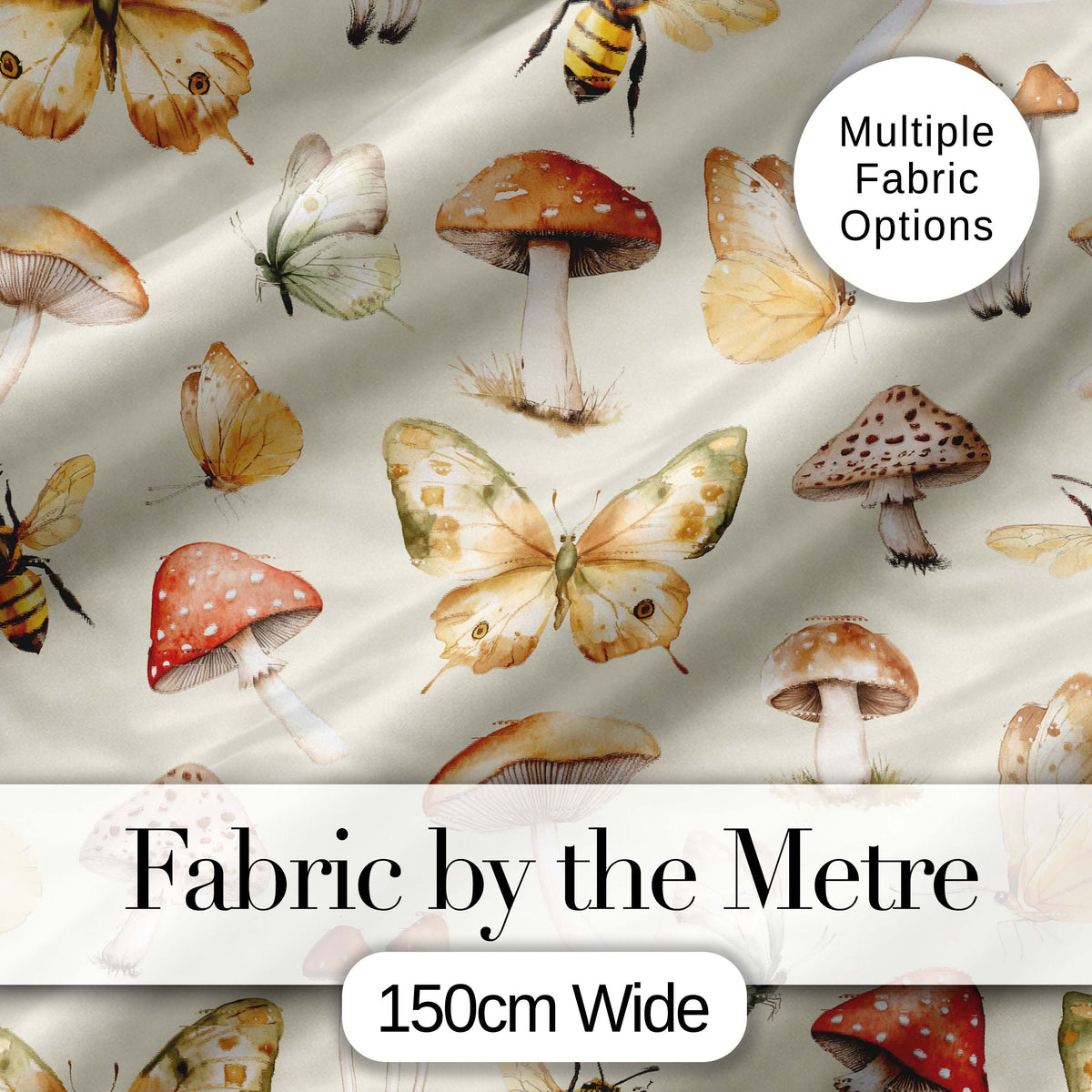 Vintage Butterfly Bees Mushrooms Illustration Sage Green Background Seamless Digital Print Fabric by the Metre UK Sewing Quilting Textile