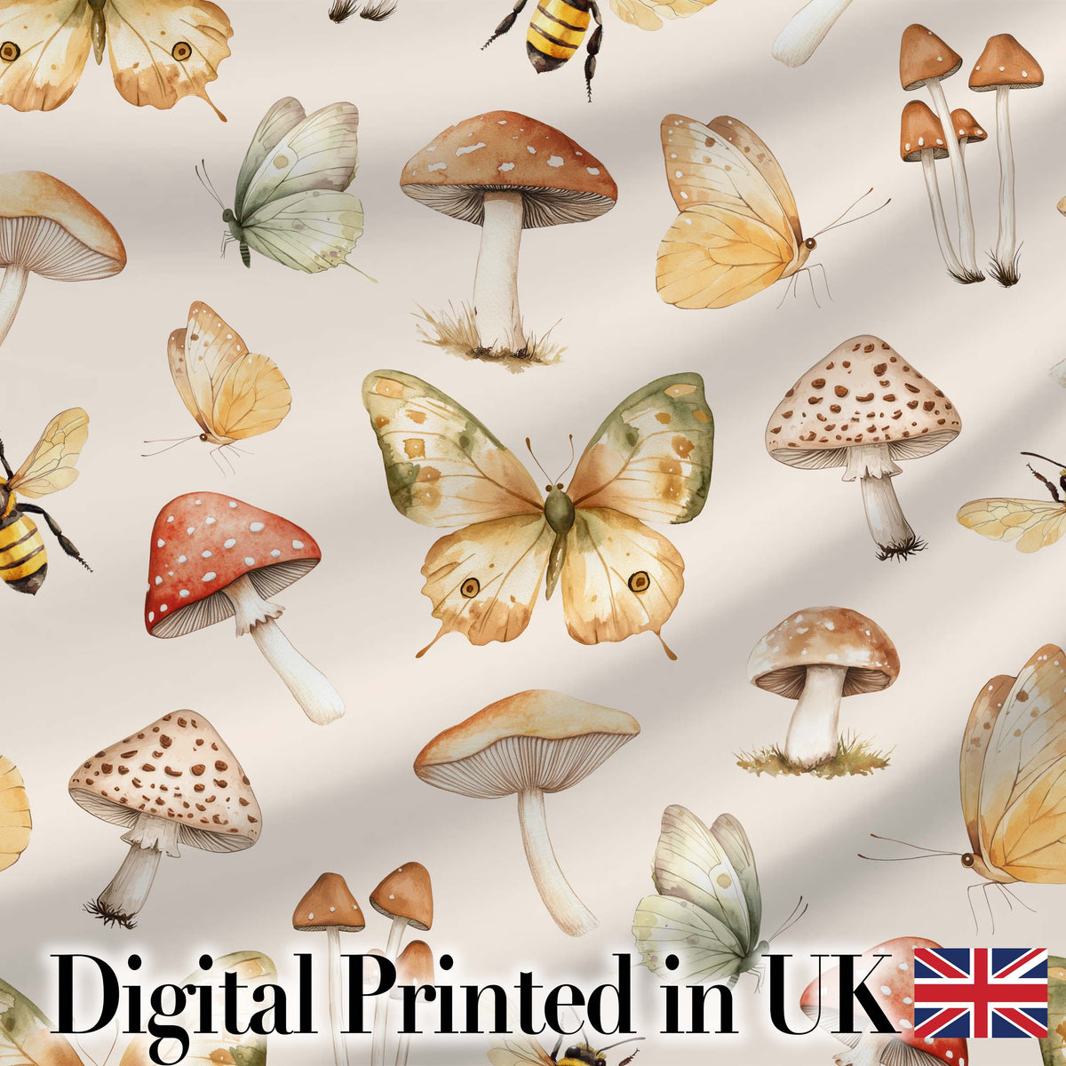 Vintage Butterfly Bees Mushrooms Illustration Warm Cream Background Seamless Digital Print Fabric by the Metre UK Sewing Quilting Textile