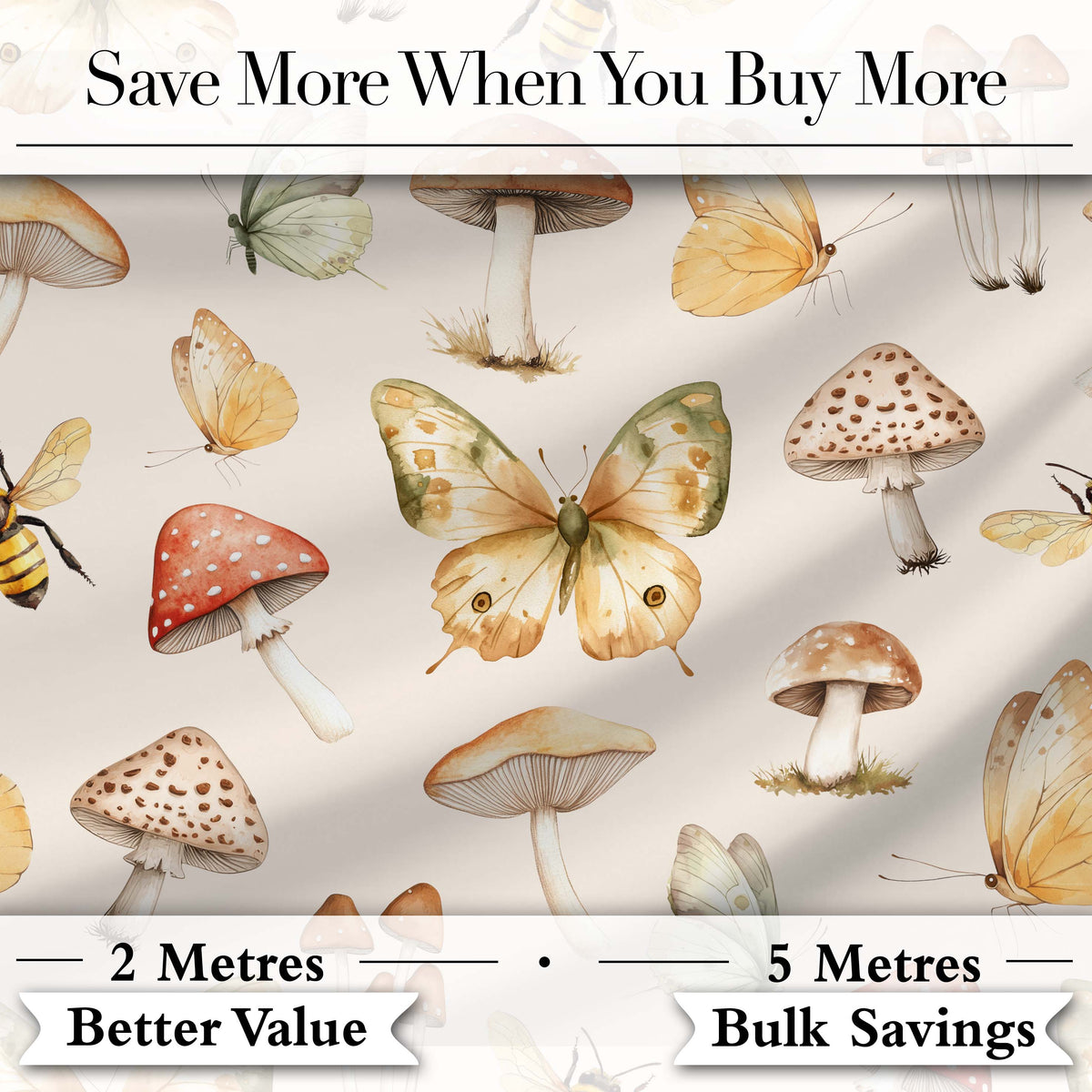 Vintage Butterfly Bees Mushrooms Illustration Warm Cream Background Seamless Digital Print Fabric by the Metre UK Sewing Quilting Textile