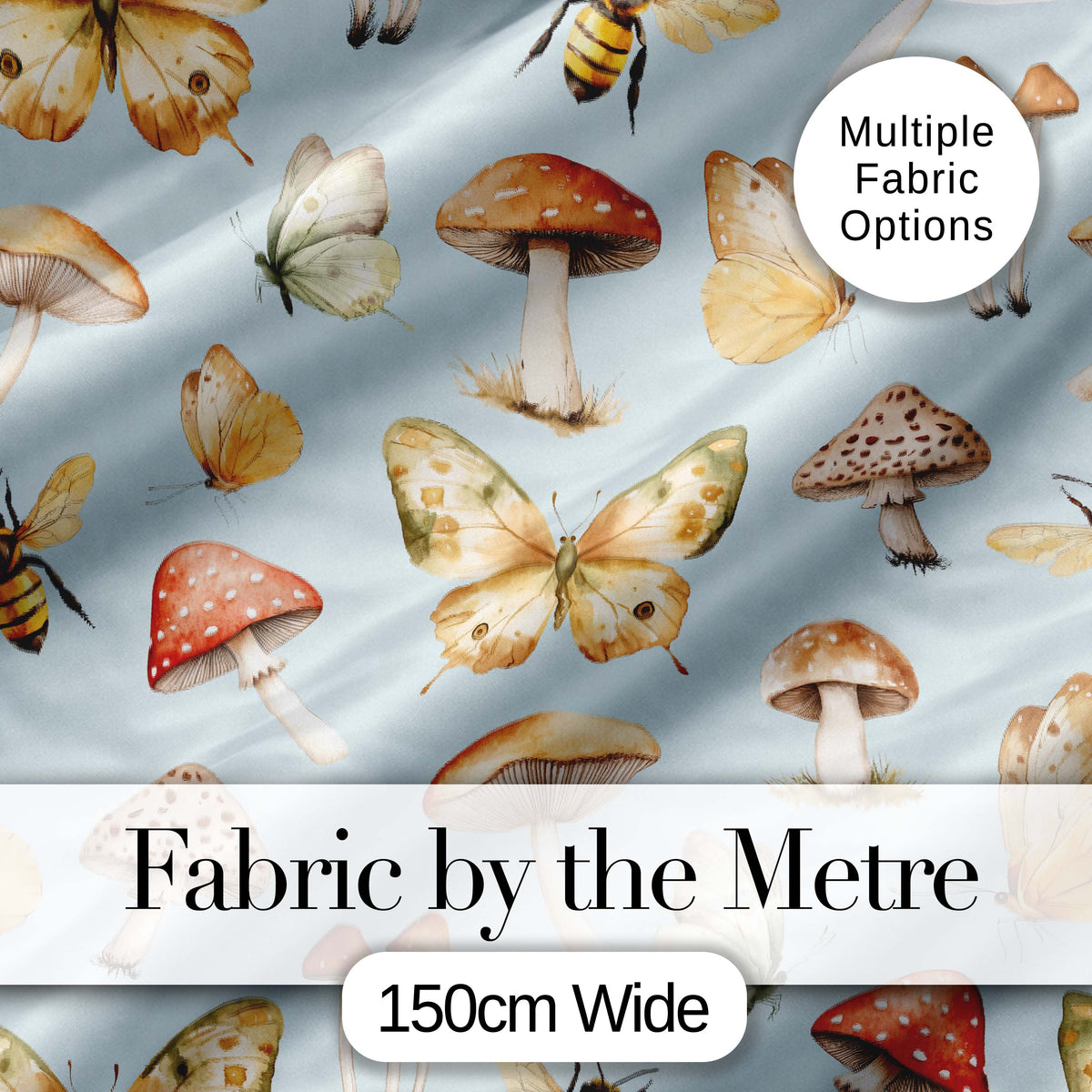 Vintage Butterfly Bees Mushrooms Illustration Dusty Blue Background Seamless Digital Print Fabric by the Metre UK Sewing Quilting Textile