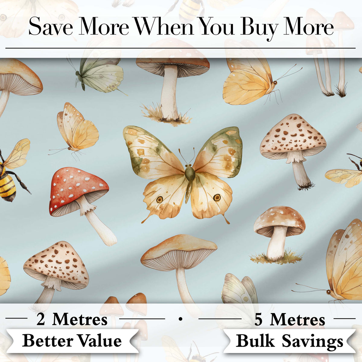Vintage Butterfly Bees Mushrooms Illustration Dusty Blue Background Seamless Digital Print Fabric by the Metre UK Sewing Quilting Textile