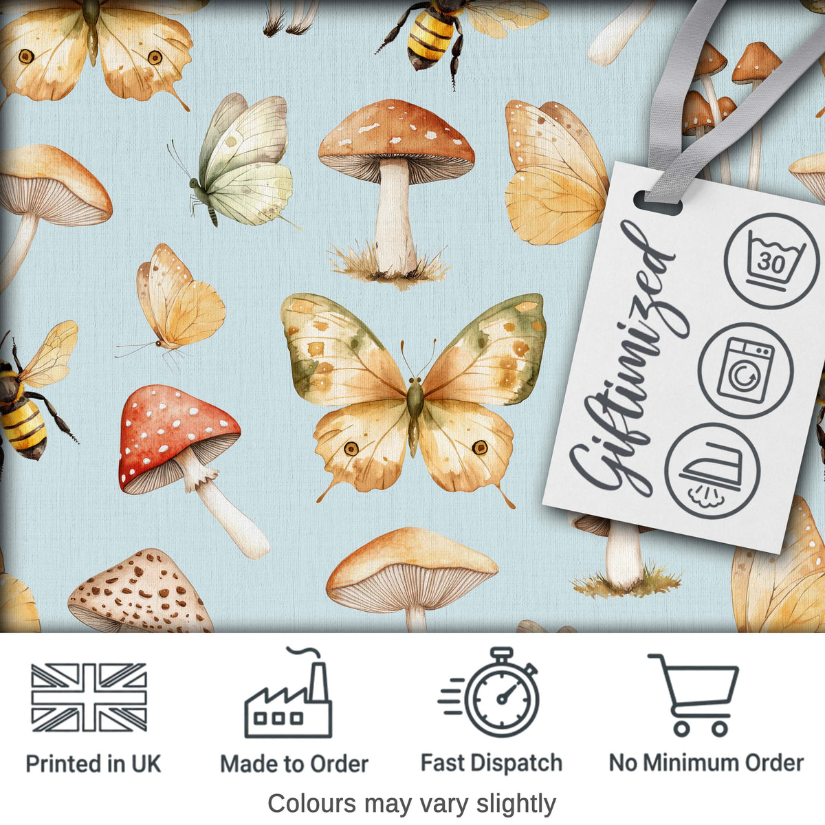 Vintage Butterfly Bees Mushrooms Illustration Dusty Blue Background Seamless Digital Print Fabric by the Metre UK Sewing Quilting Textile