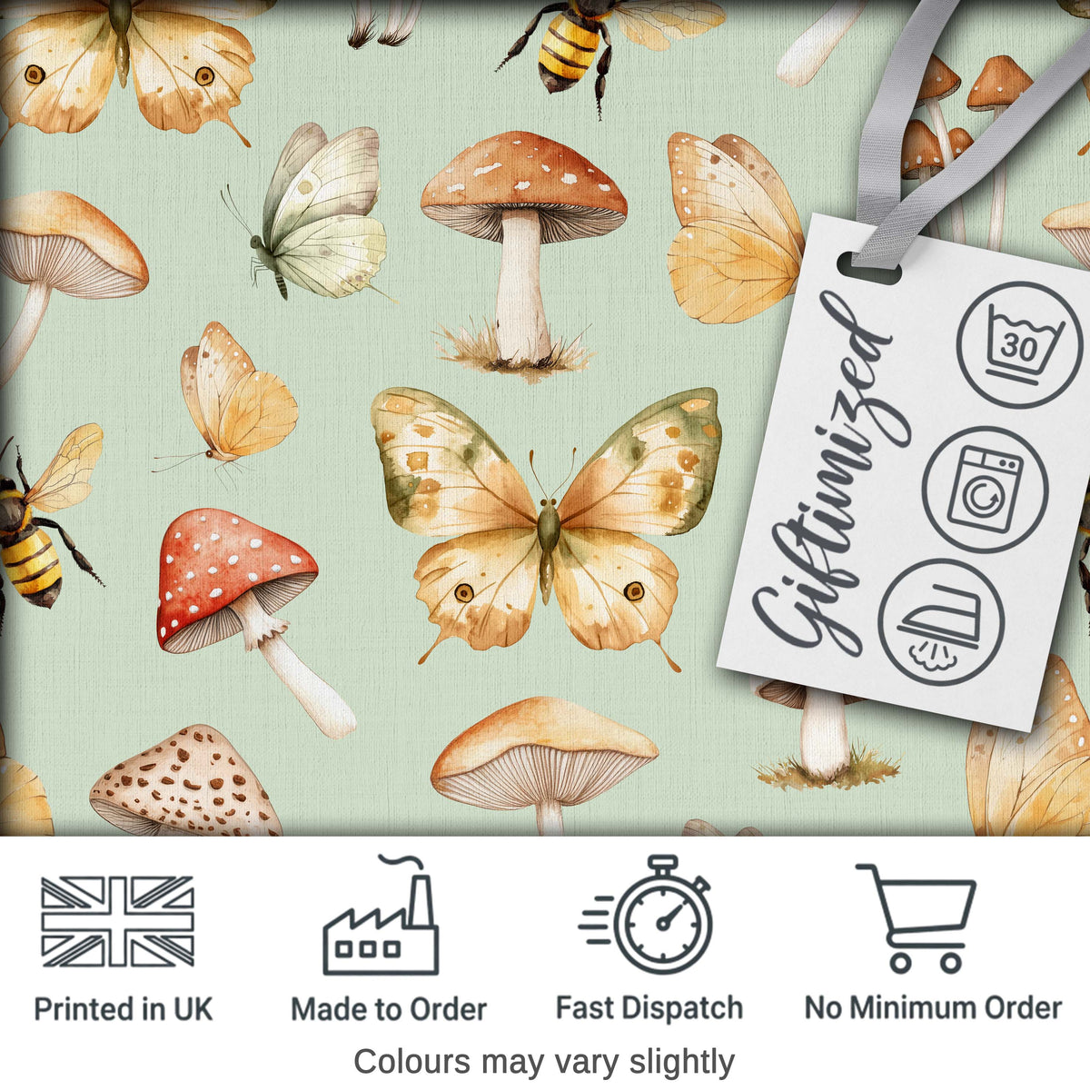 Vintage Butterfly Bees Mushrooms Illustration Soft Green Background Seamless Digital Print Fabric by the Metre UK Sewing Quilting Textile