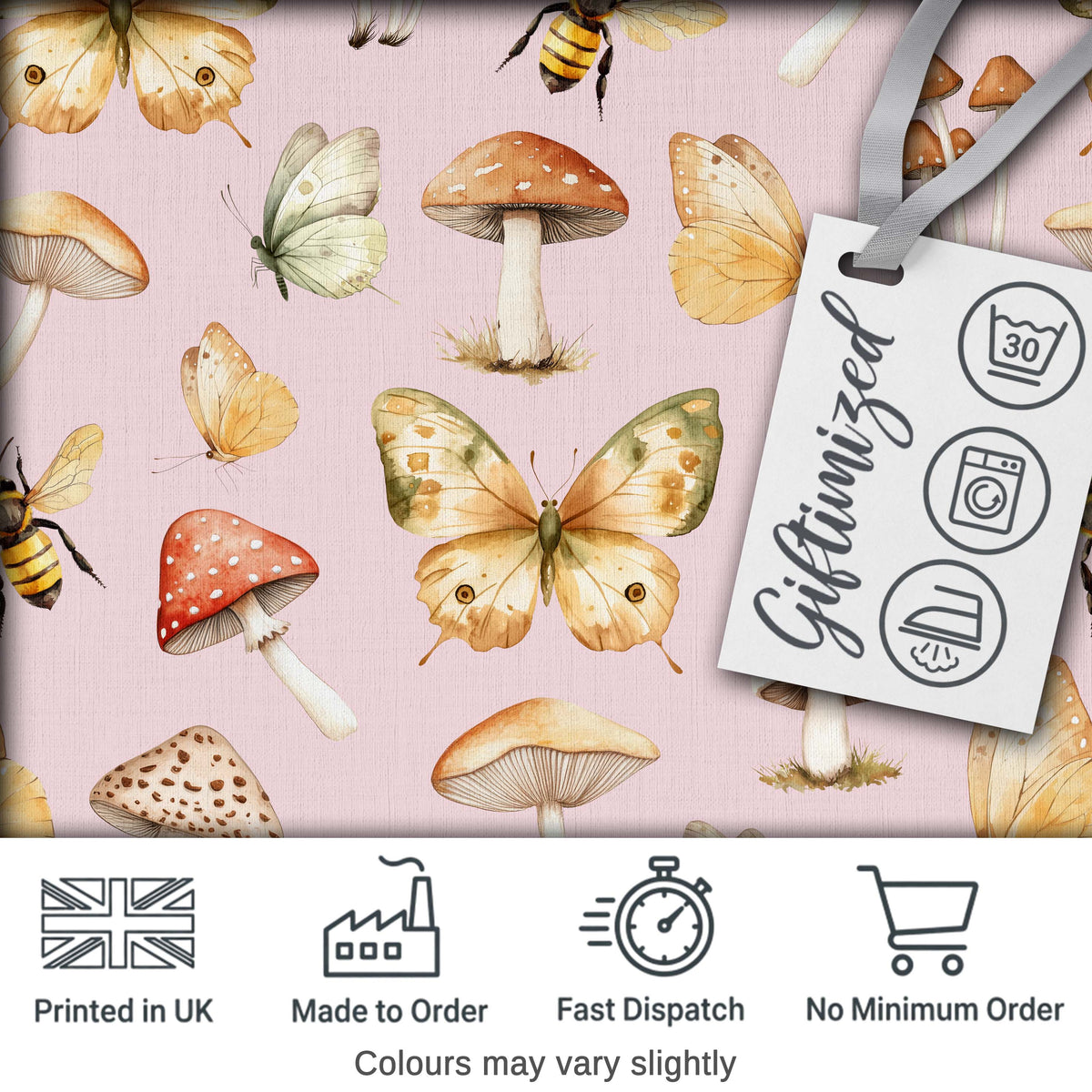 Vintage Butterfly Bees Mushrooms Illustration Soft Pink Background Seamless Digital Print Fabric by the Metre UK Sewing Quilting Textile
