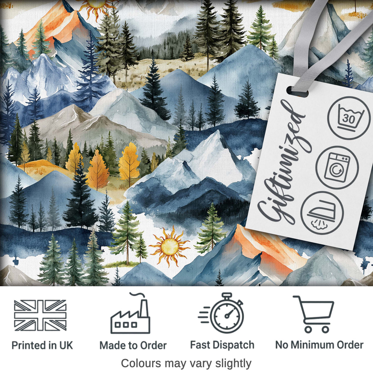 Watercolor Forest Mountains Pine Trees Scenic Soft Beige Background Seamless Digital Print Fabric by the Metre UK Sewing Quilting Textile