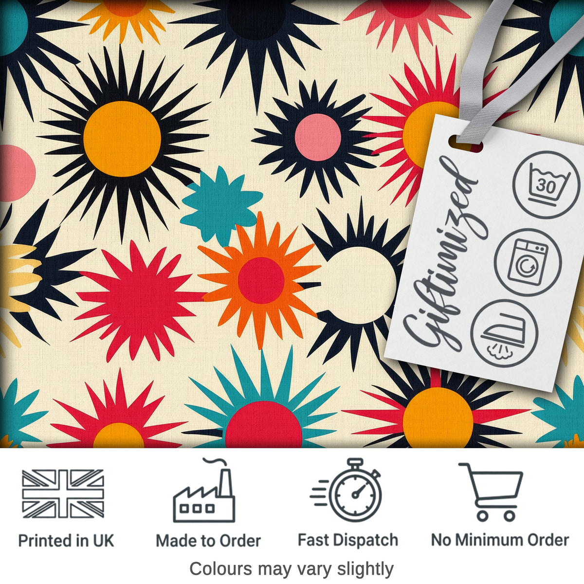 Abstract Bold Sunburst Floral Shapes Mid Century Style Seamless Pattern Digital Print Fabric by the Metre UK Sewing Quilting Textile