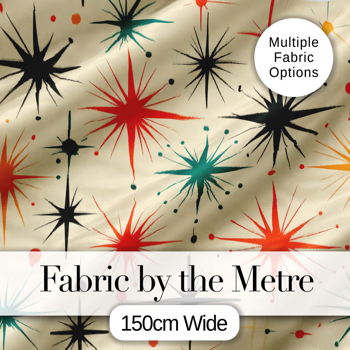 Abstract Atomic Starburst Mid Century Modern Seamless Pattern Digital Print Fabric by the Metre UK Sewing Quilting Textile