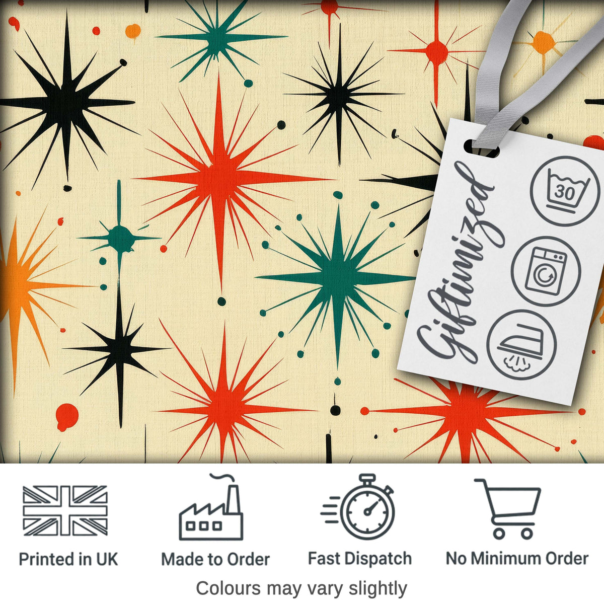 Abstract Atomic Starburst Mid Century Modern Seamless Pattern Digital Print Fabric by the Metre UK Sewing Quilting Textile