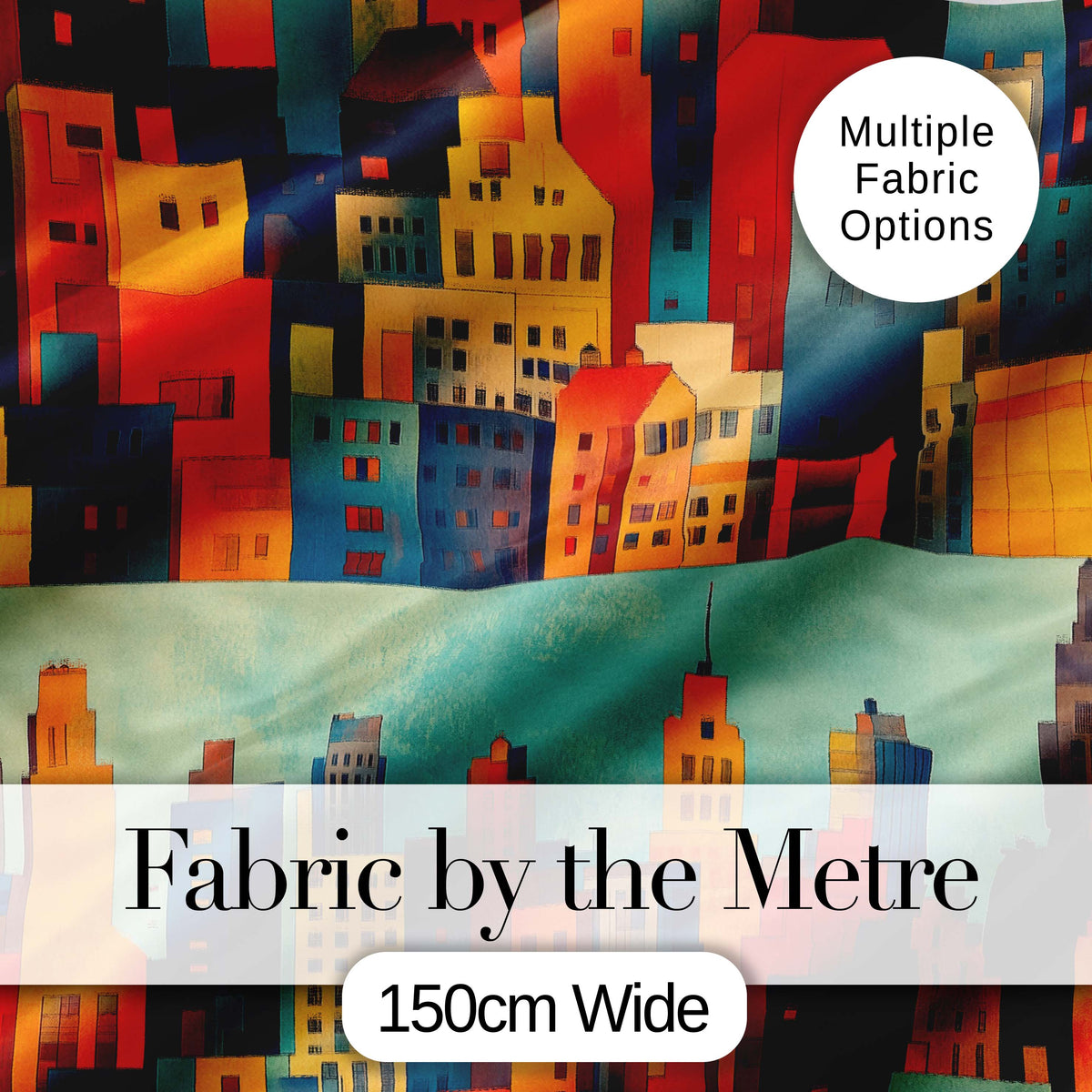 Colorful Stylized Urban City Buildings Illustration Seamless Pattern Digital Print Fabric by the Metre UK Sewing Quilting Textile