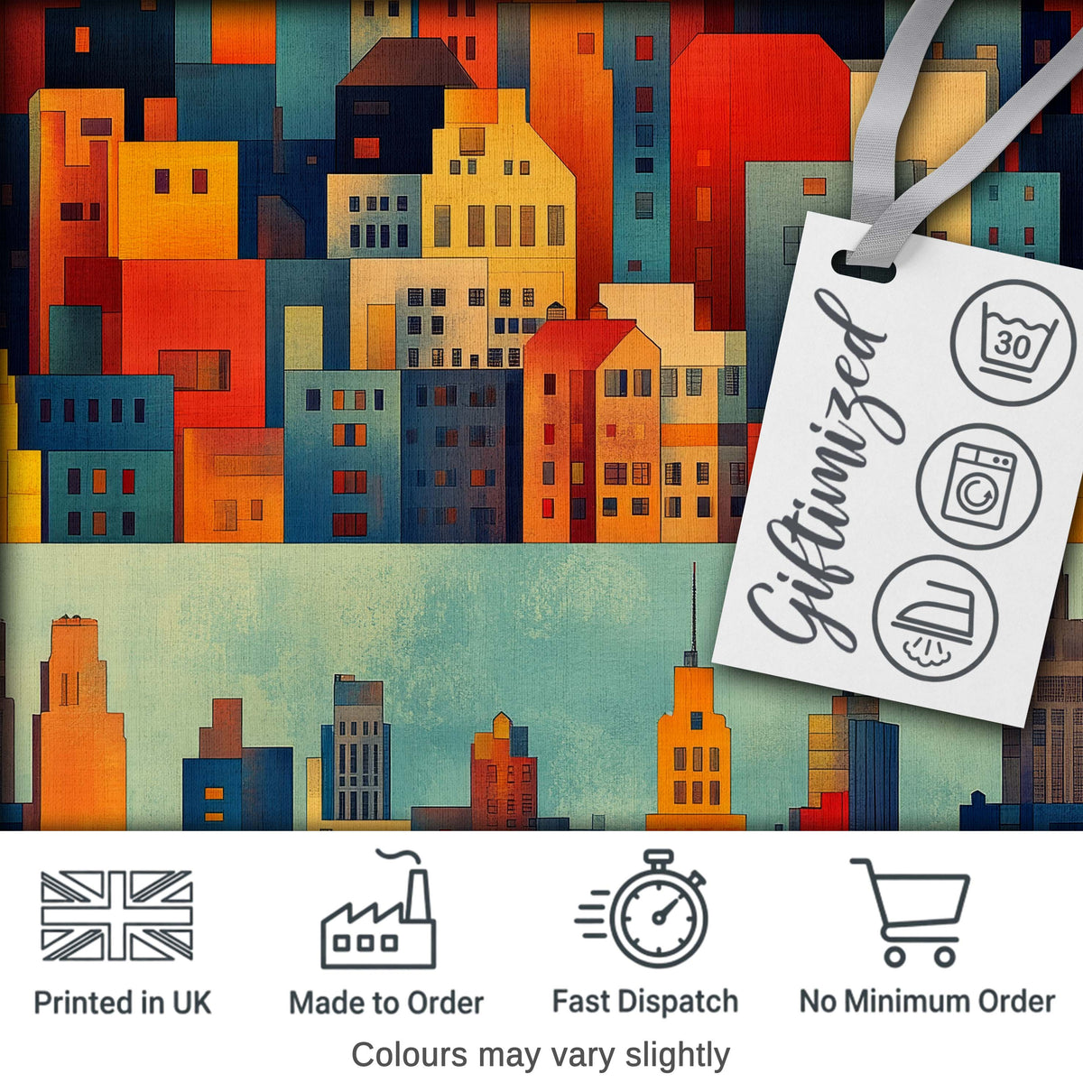 Colorful Stylized Urban City Buildings Illustration Seamless Pattern Digital Print Fabric by the Metre UK Sewing Quilting Textile