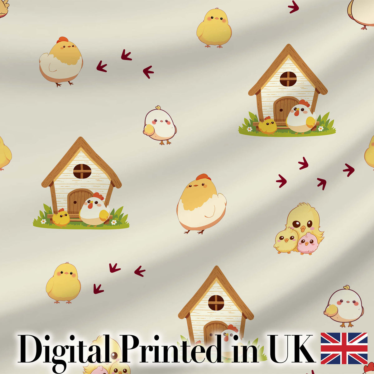 Cute Cartoon Chickens Farmhouse Pattern Neutral Cream Background Seamless Digital Print Fabric by the Metre UK Sewing Quilting Textile