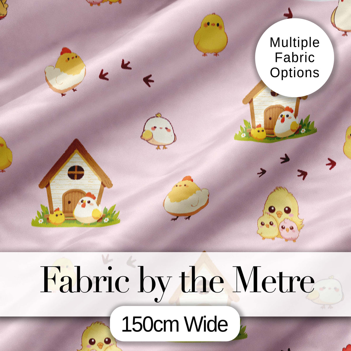 Cute Cartoon Chickens Farmhouse Pattern Blush Pink Background Seamless Digital Print Fabric by the Metre UK Sewing Quilting Textile