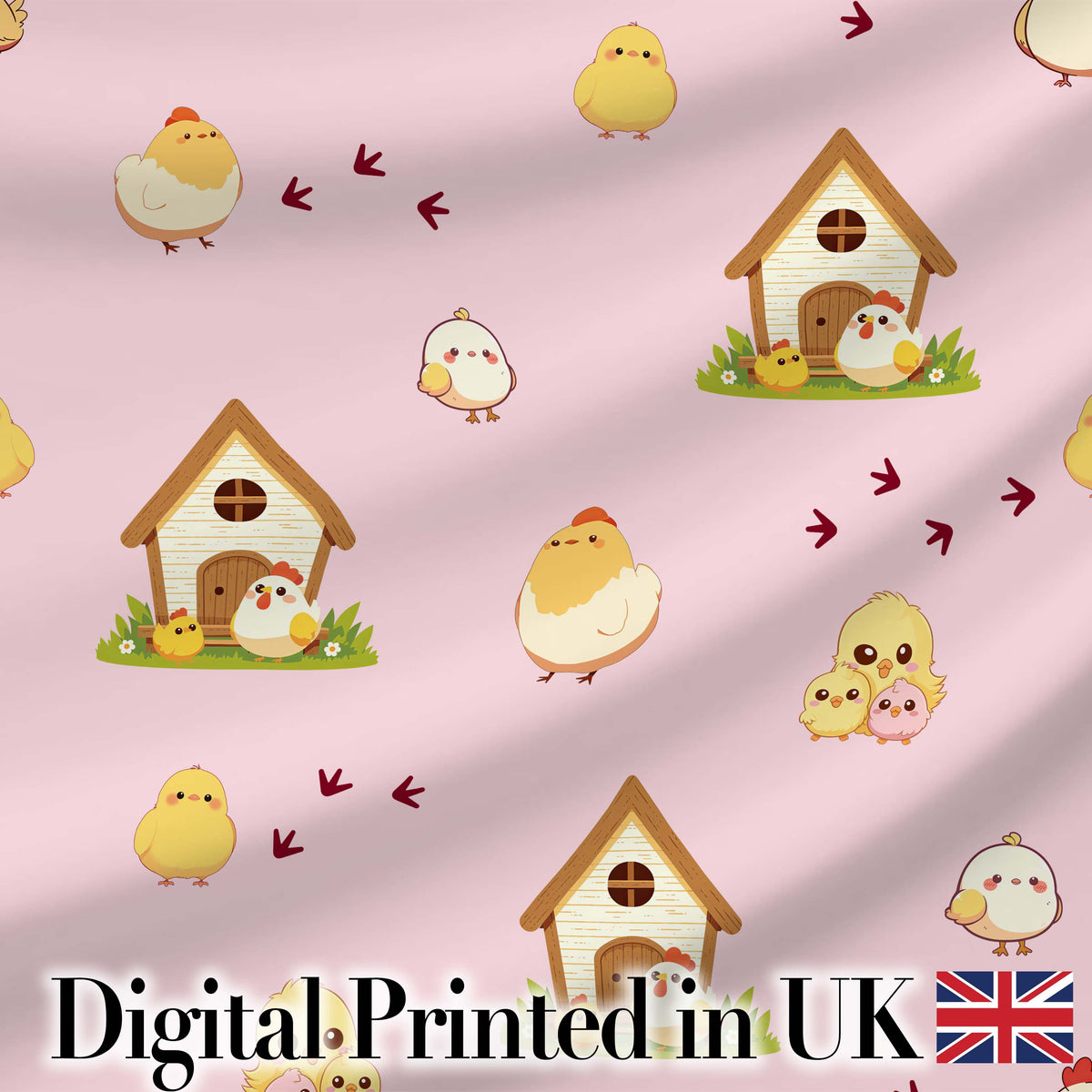Cute Cartoon Chickens Farmhouse Pattern Blush Pink Background Seamless Digital Print Fabric by the Metre UK Sewing Quilting Textile