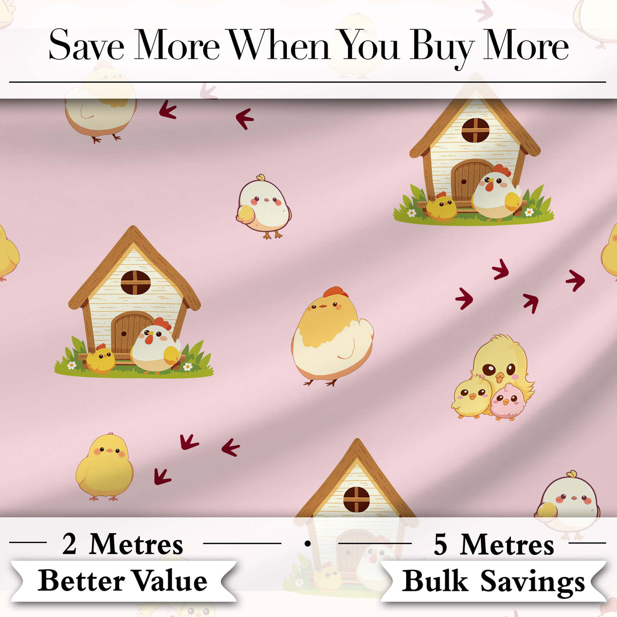 Cute Cartoon Chickens Farmhouse Pattern Blush Pink Background Seamless Digital Print Fabric by the Metre UK Sewing Quilting Textile