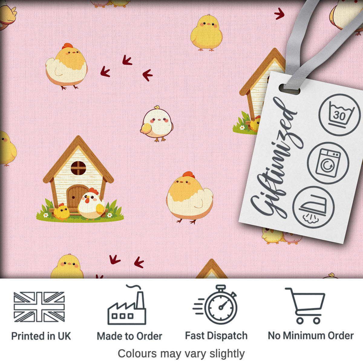 Cute Cartoon Chickens Farmhouse Pattern Blush Pink Background Seamless Digital Print Fabric by the Metre UK Sewing Quilting Textile