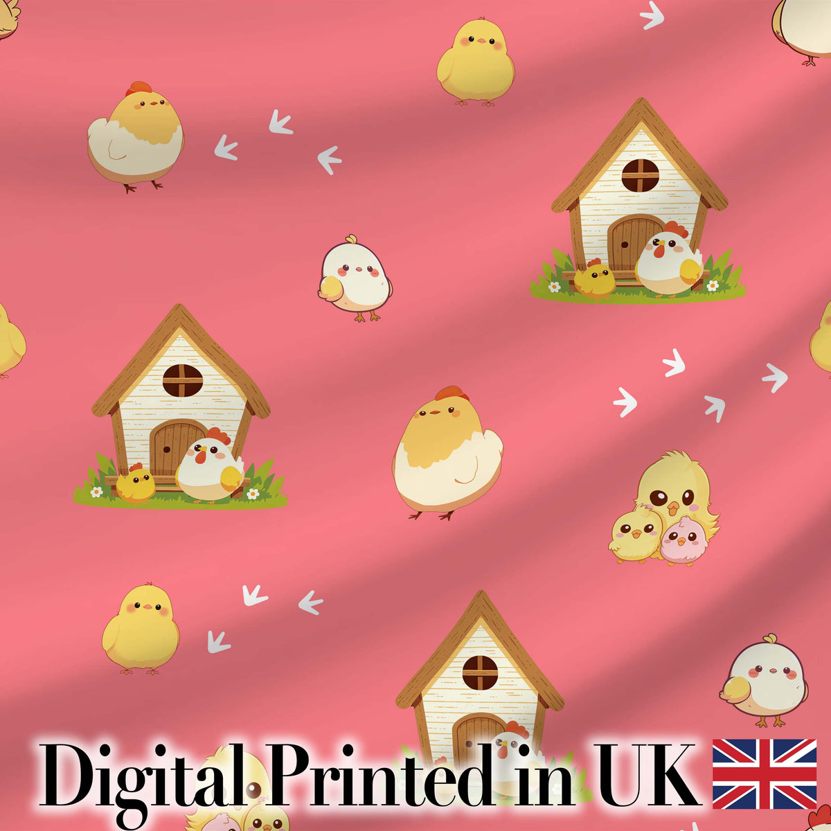 Cute Cartoon Chickens Farmhouse Pattern Coral Pink Background Seamless Digital Print Fabric by the Metre UK Sewing Quilting Textile