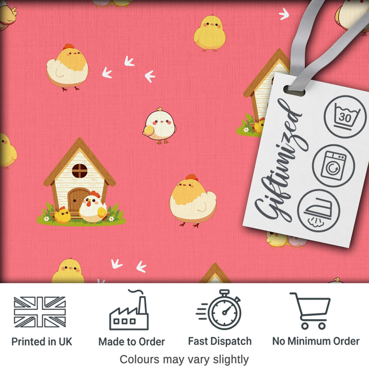 Cute Cartoon Chickens Farmhouse Pattern Coral Pink Background Seamless Digital Print Fabric by the Metre UK Sewing Quilting Textile