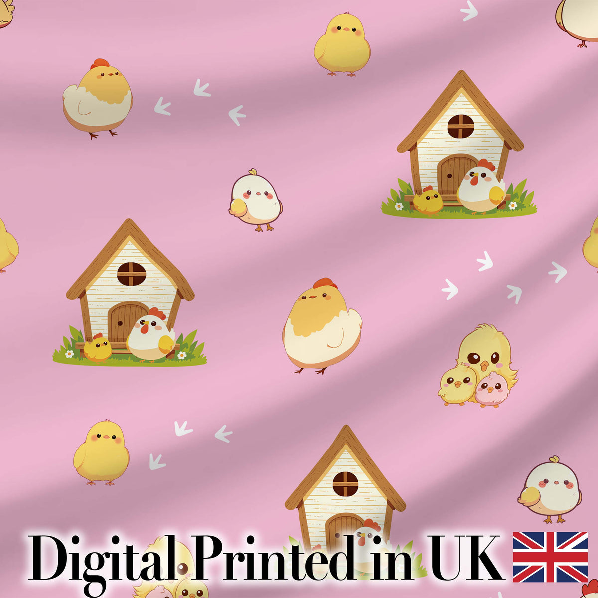 Cute Cartoon Chickens Farmhouse Pattern Rose Pink Background Seamless Digital Print Fabric by the Metre UK Sewing Quilting Textile