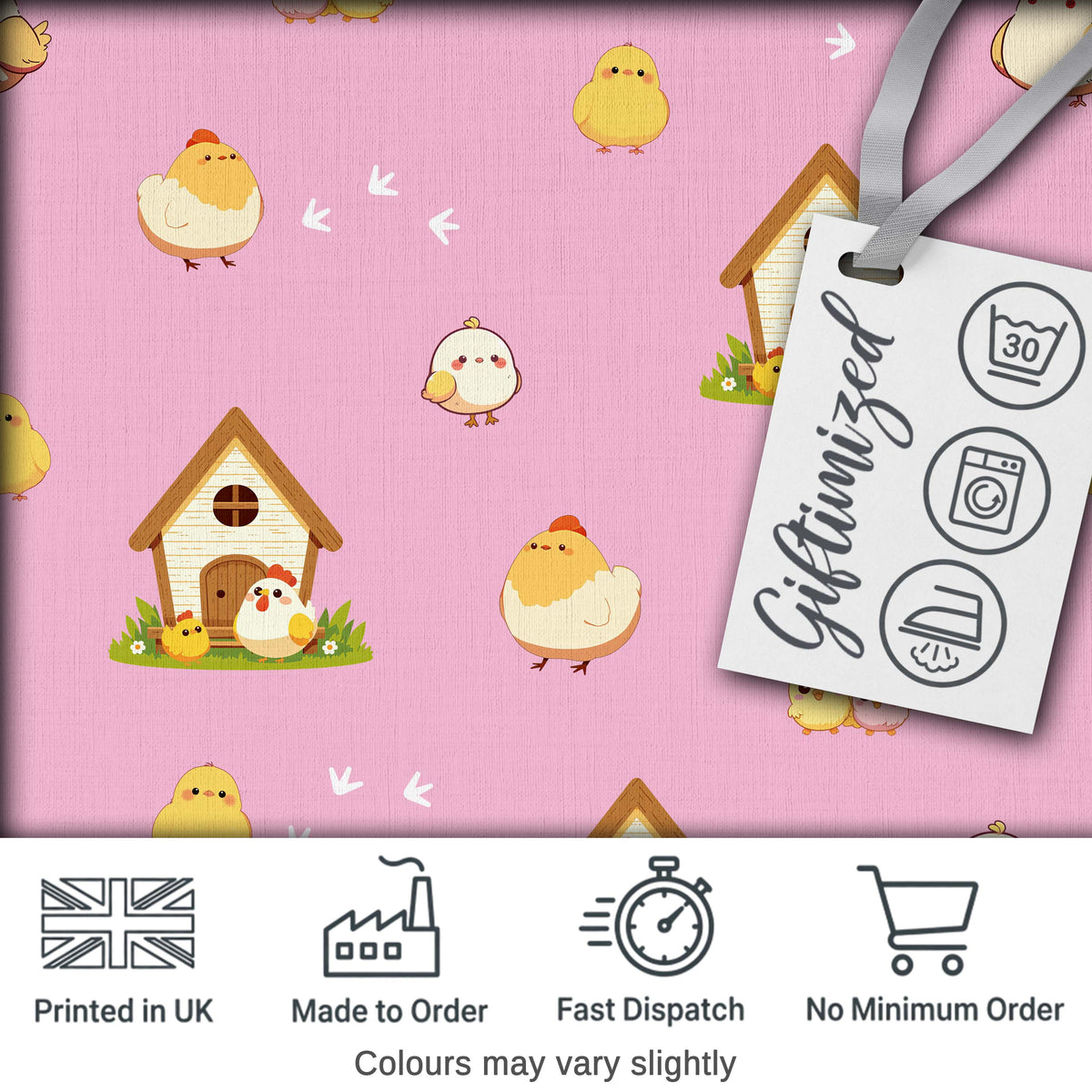 Cute Cartoon Chickens Farmhouse Pattern Rose Pink Background Seamless Digital Print Fabric by the Metre UK Sewing Quilting Textile