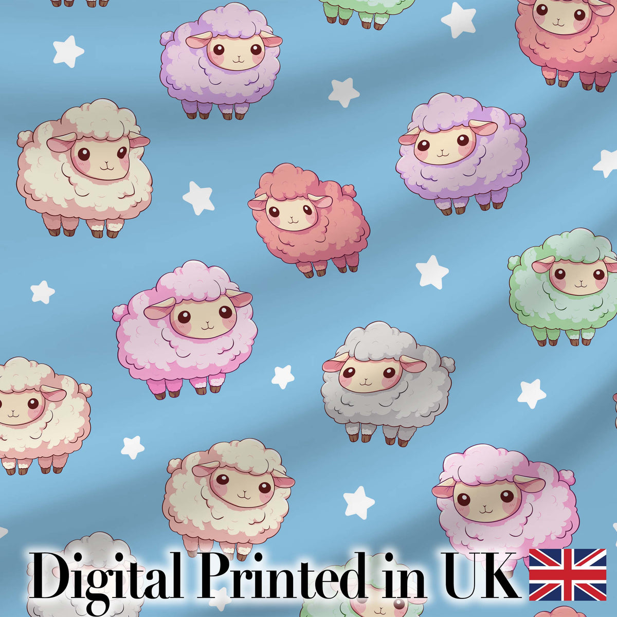 Cute Kawaii Sheep with Blue Sky Star Background Seamless Pattern Digital Print Fabric by the Metre UK Sewing Quilting Textile