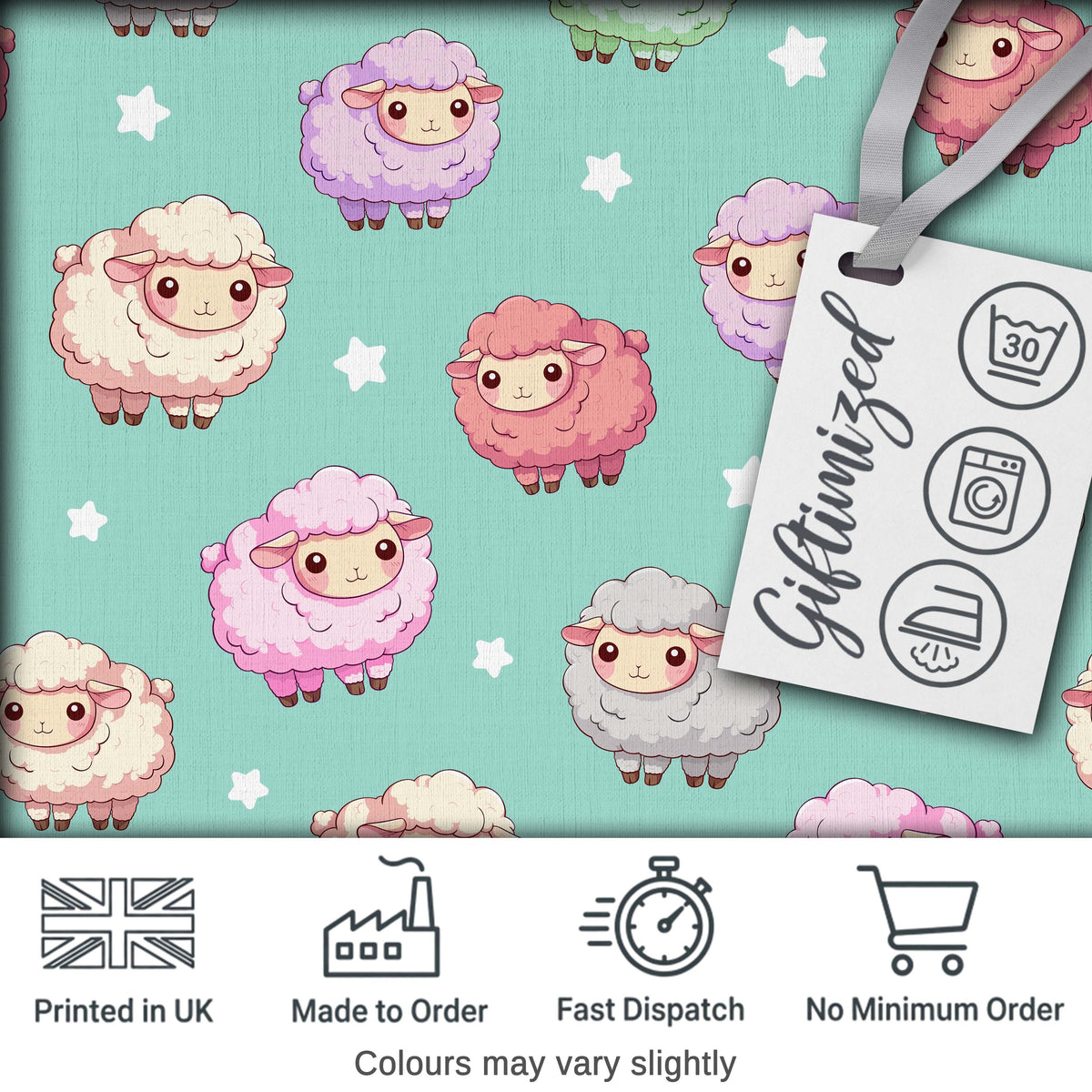 Cute Kawaii Sheep with Mint Star Background Seamless Pattern Digital Print Fabric by the Metre UK Sewing Quilting Textile