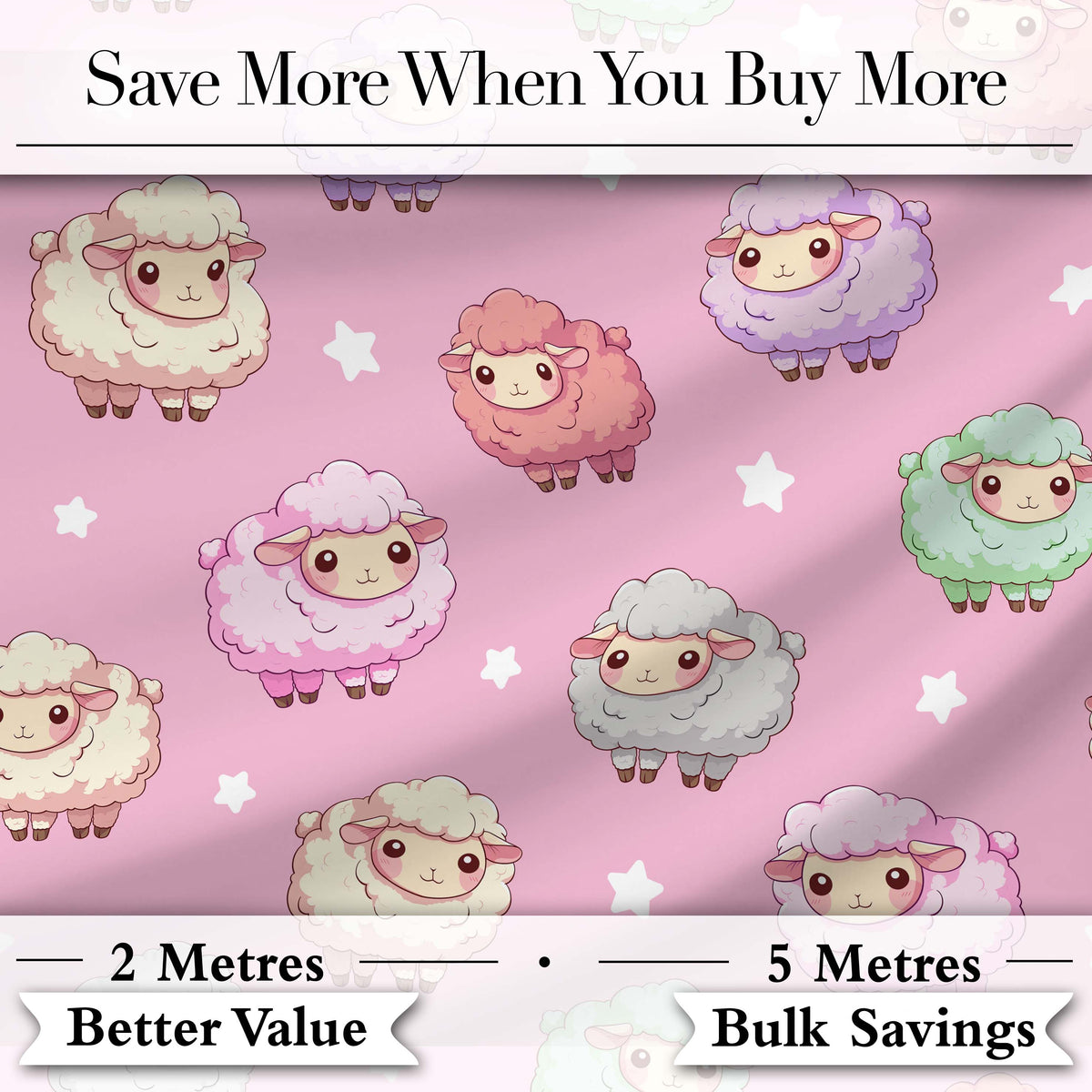 Cute Kawaii Sheep with Soft Pink Star Background Seamless Pattern Digital Print Fabric by the Metre UK Sewing Quilting Textile