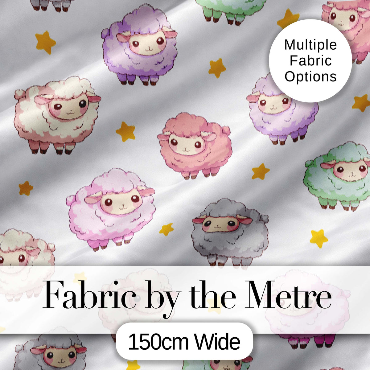 Cute Kawaii Sheep with Grey Star Background Seamless Pattern Digital Print Fabric by the Metre UK Sewing Quilting Textile