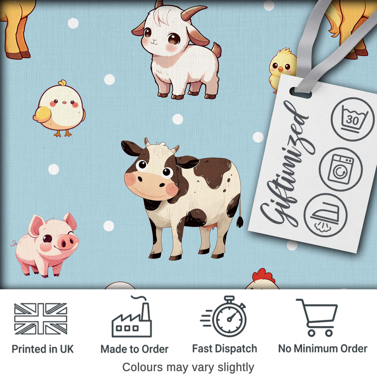 Cute Farm Animals Cow Pig Duck Chicken Seamless Pattern Digital Print Fabric by the Metre UK Sewing Quilting Textile