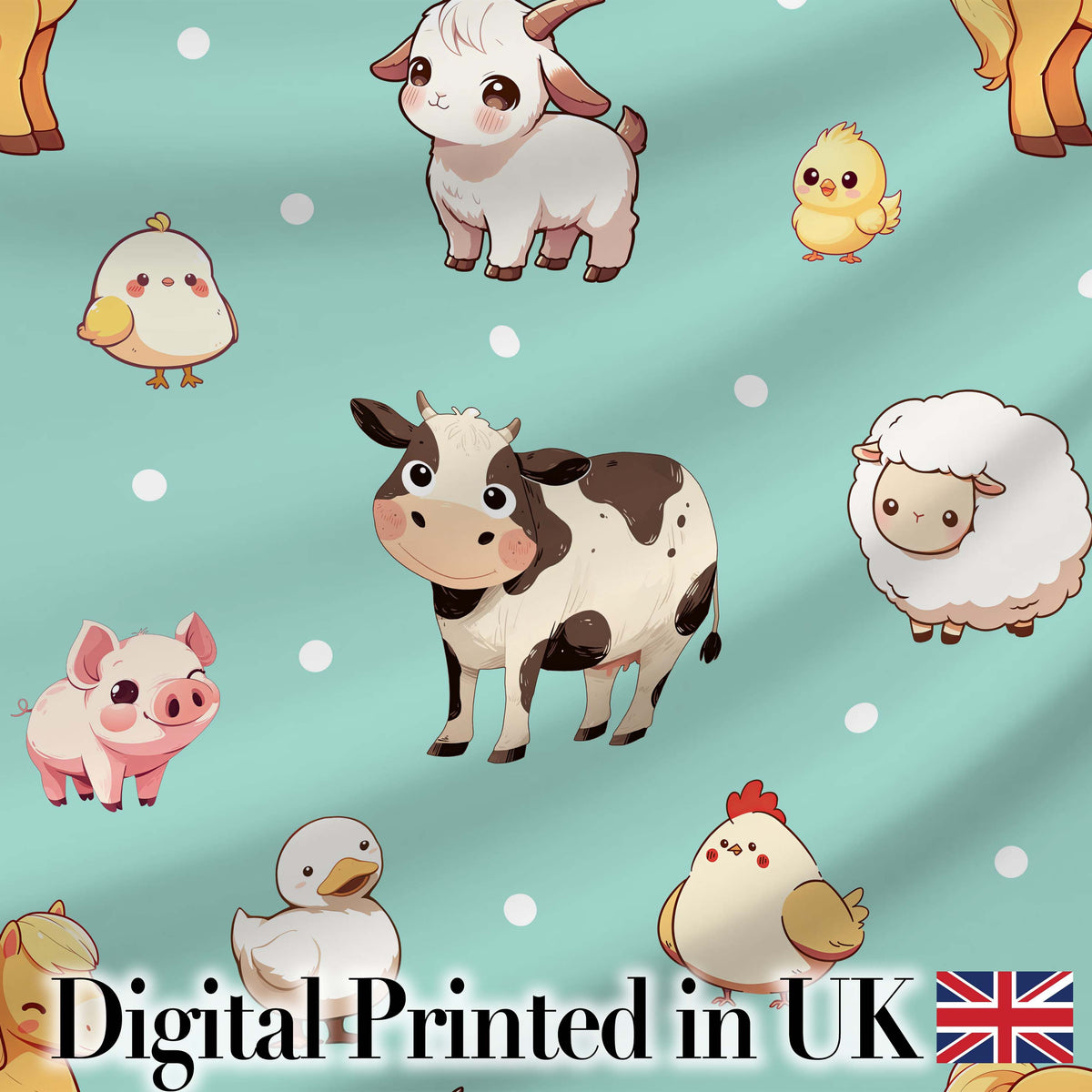 Cute Farm Animals Mint Background Seamless Pattern Digital Print Fabric by the Metre UK Sewing Quilting Textile
