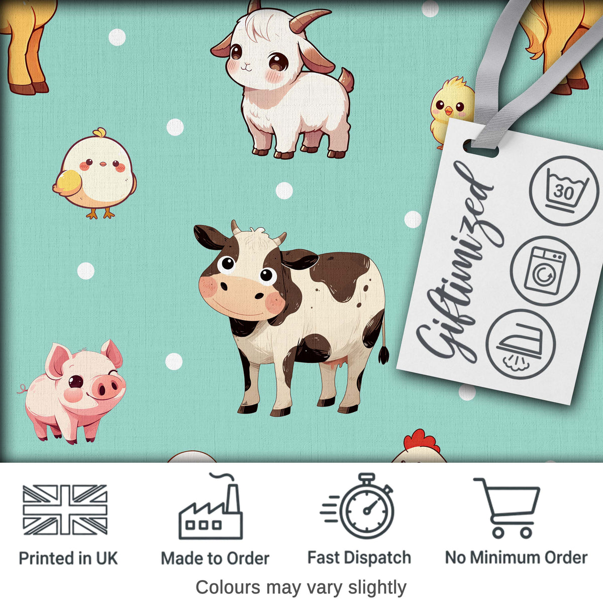 Cute Farm Animals Mint Background Seamless Pattern Digital Print Fabric by the Metre UK Sewing Quilting Textile