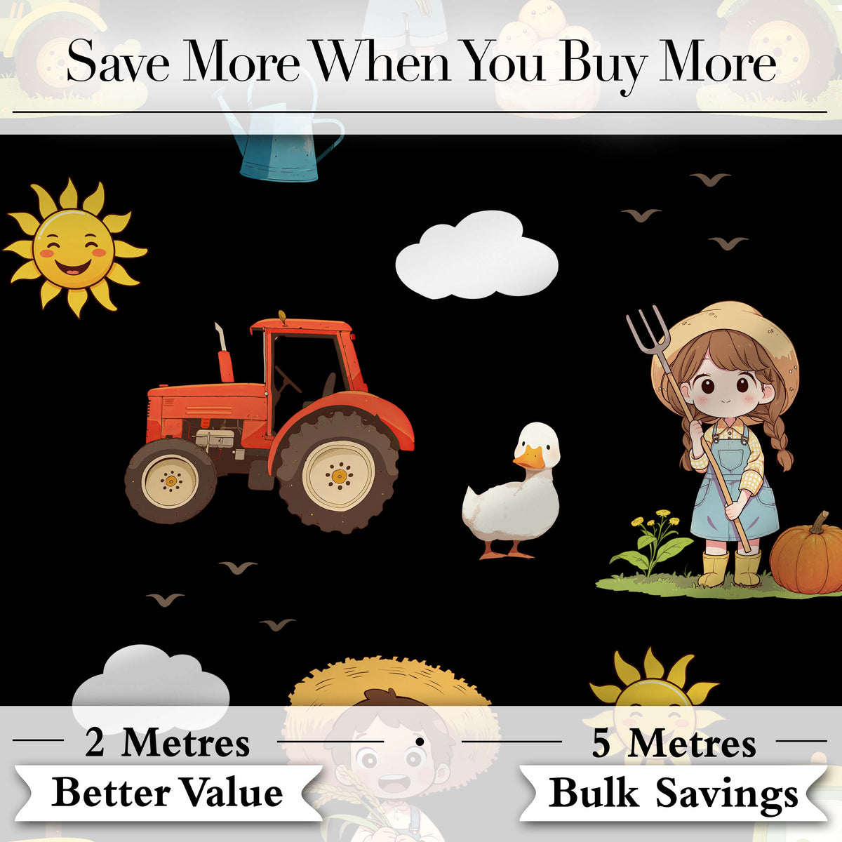 Cute Farm Tractor Duck Girl Farming Scene Black Background Seamless Pattern Digital Print Fabric by the Metre UK Sewing Quilting Textile