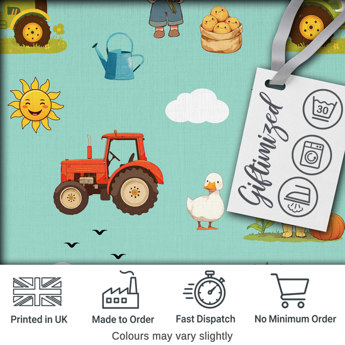 Cute Farm Tractor Duck Girl Sunny Field Teal Background Seamless Pattern Digital Print Fabric by the Metre UK Sewing Quilting Textile