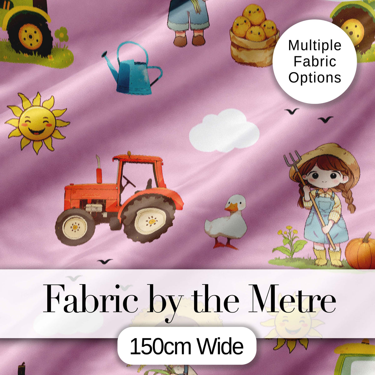 Cute Farm Tractor Duck Girl Sunny Field Rose Background Seamless Pattern Digital Print Fabric by the Metre UK Sewing Quilting Textile