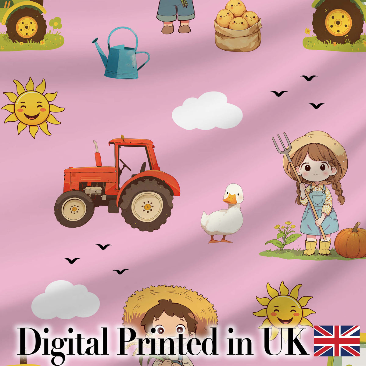 Cute Farm Tractor Duck Girl Sunny Field Rose Background Seamless Pattern Digital Print Fabric by the Metre UK Sewing Quilting Textile